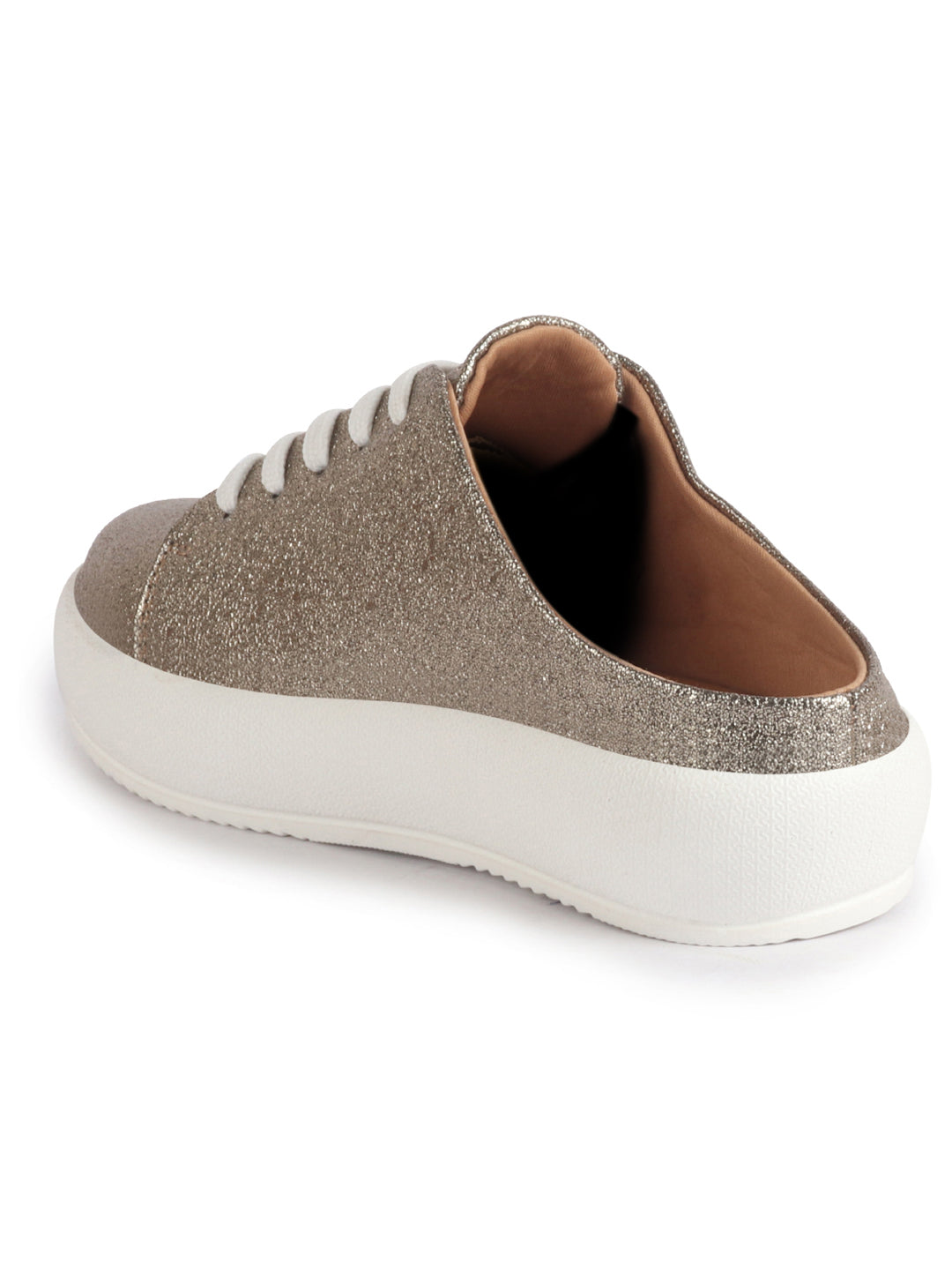 Women Antique Back Open Glitter Mule Sneakers with Lace-Up Front|White Platform Sole Slip On Shoe|Memory Cushioned Insole