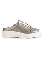Women Antique Back Open Glitter Mule Sneakers with Lace-Up Front|White Platform Sole Slip On Shoe|Memory Cushioned Insole