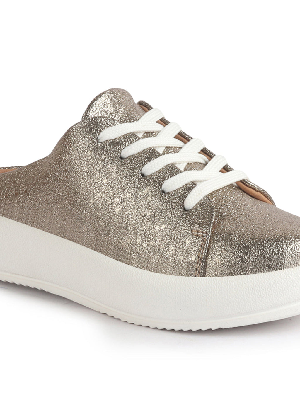 Women Antique Back Open Glitter Mule Sneakers with Lace-Up Front|White Platform Sole Slip On Shoe|Memory Cushioned Insole