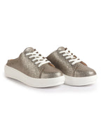Women Antique Back Open Glitter Mule Sneakers with Lace-Up Front|White Platform Sole Slip On Shoe|Memory Cushioned Insole
