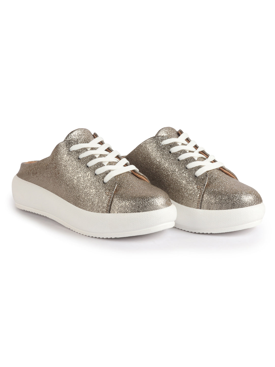 Women Antique Back Open Glitter Mule Sneakers with Lace-Up Front|White Platform Sole Slip On Shoe|Memory Cushioned Insole