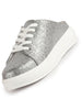 Women Grey Back Open Glitter Mule Sneakers with Lace-Up Front|White Platform Sole Slip On Shoe|Memory Cushioned Insole