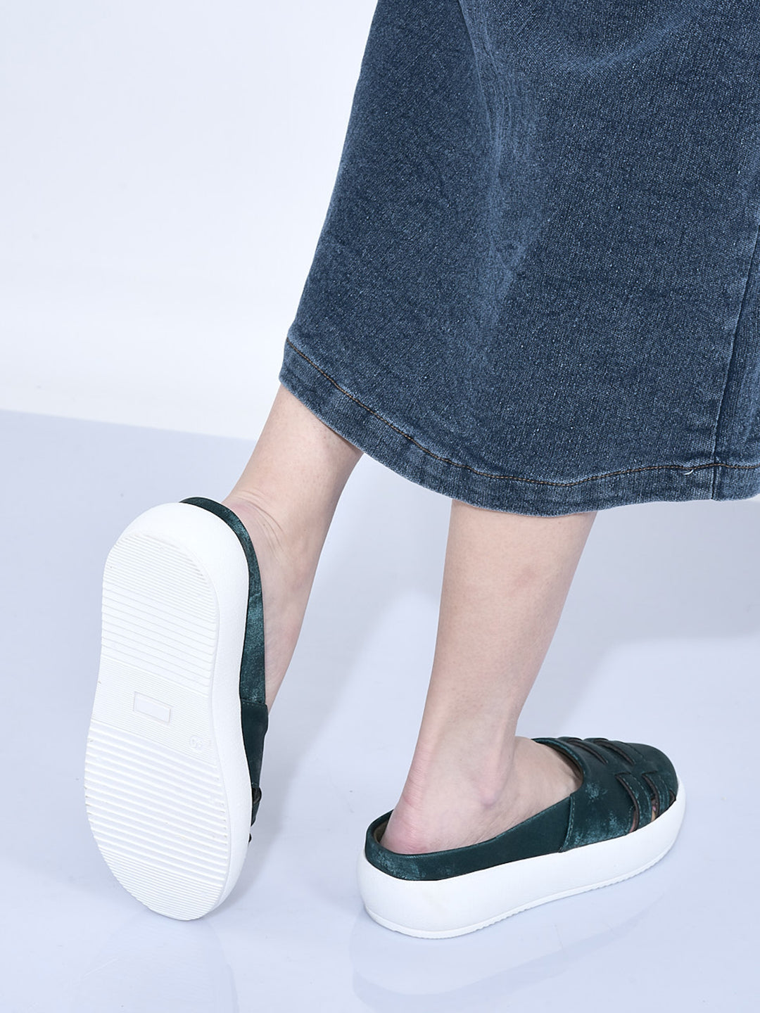 Women Green Back Open Breathable Double Strap Platform Slip On Shoes|Height Enhancer Memory Cushioned Slip On|Anti Skid Sole