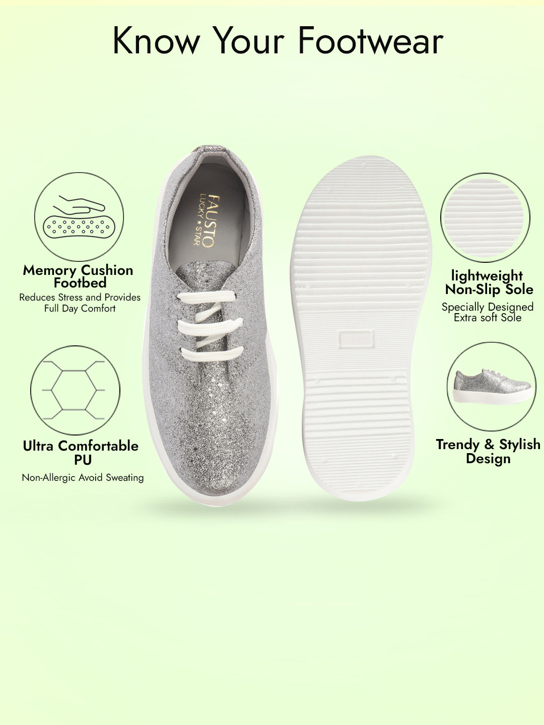 Women Grey Embellished Height Enhancer Lace Up Sneaker Shoes|Platform Casual Shoe|Evening Party Shoe|Anti Skid Sole