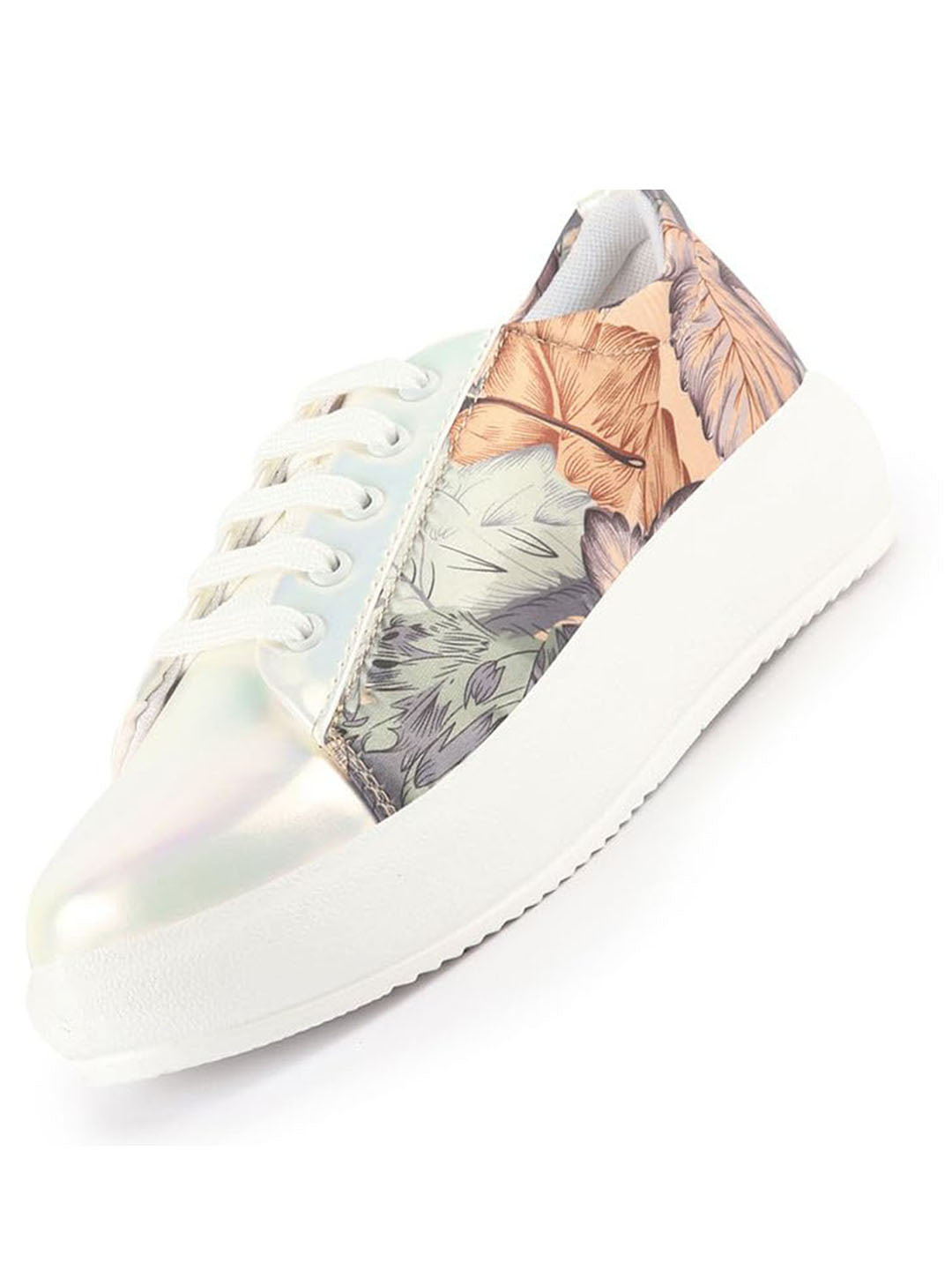 Women White/Beige Glossy Floral Print Lace Up Party Sneakers|Platform Height Enhancer Casual Shoes|Memory Cushion Insole
