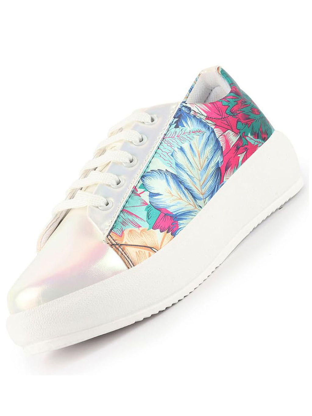 Women White/Blue Glossy Floral Print Lace Up Party Sneakers|Platform Height Enhancer Casual Shoes|Memory Cushion Insole