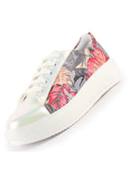 Women White/Grey Glossy Floral Print Lace Up Party Sneakers|Platform Height Enhancer Casual Shoes|Memory Cushion Insole