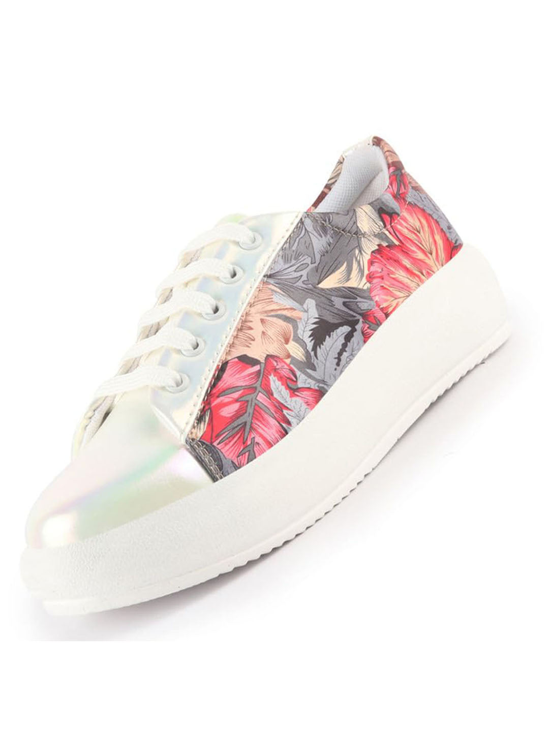 Women White/Grey Glossy Floral Print Lace Up Party Sneakers|Platform Height Enhancer Casual Shoes|Memory Cushion Insole