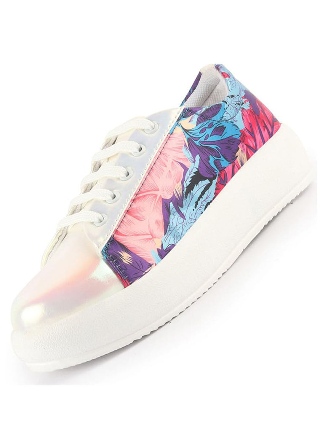 Women White/ Pink Glossy Floral Print Lace Up Party Sneakers|Platform Height Enhancer Casual Shoes|Memory Cushion Insole