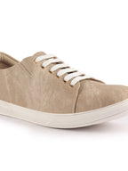 Men Cream Denim Casual Classic Lace Up Sneaker | Low Top Canvas Shoes with Adjustable Elastic | Lightweight with Cushioned Insole