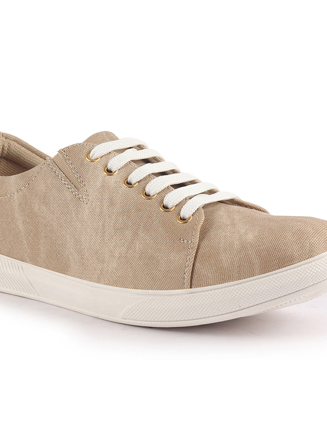 Men Cream Denim Casual Classic Lace Up Sneaker | Low Top Canvas Shoes with Adjustable Elastic | Lightweight with Cushioned Insole