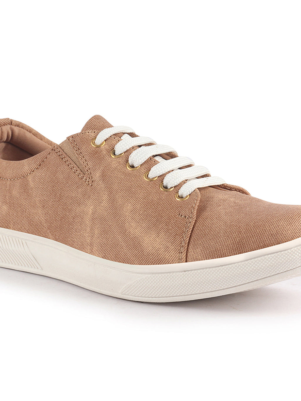 Men Tan Denim Casual Classic Lace Up Sneaker | Low Top Canvas Shoes with Adjustable Elastic | Lightweight with Cushioned Insole