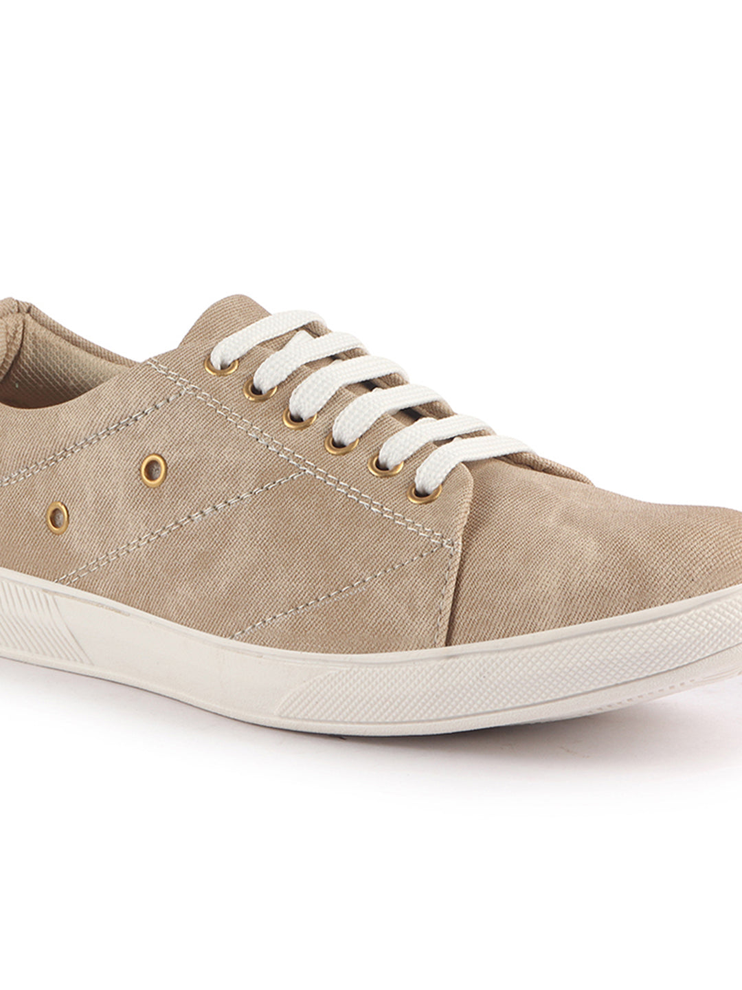 Men Cream Denim Stitched Classic Lace Up Sneaker | Low Top Canvas Shoes with Anti Skid TPR Sole | Memory Cushioned Insole