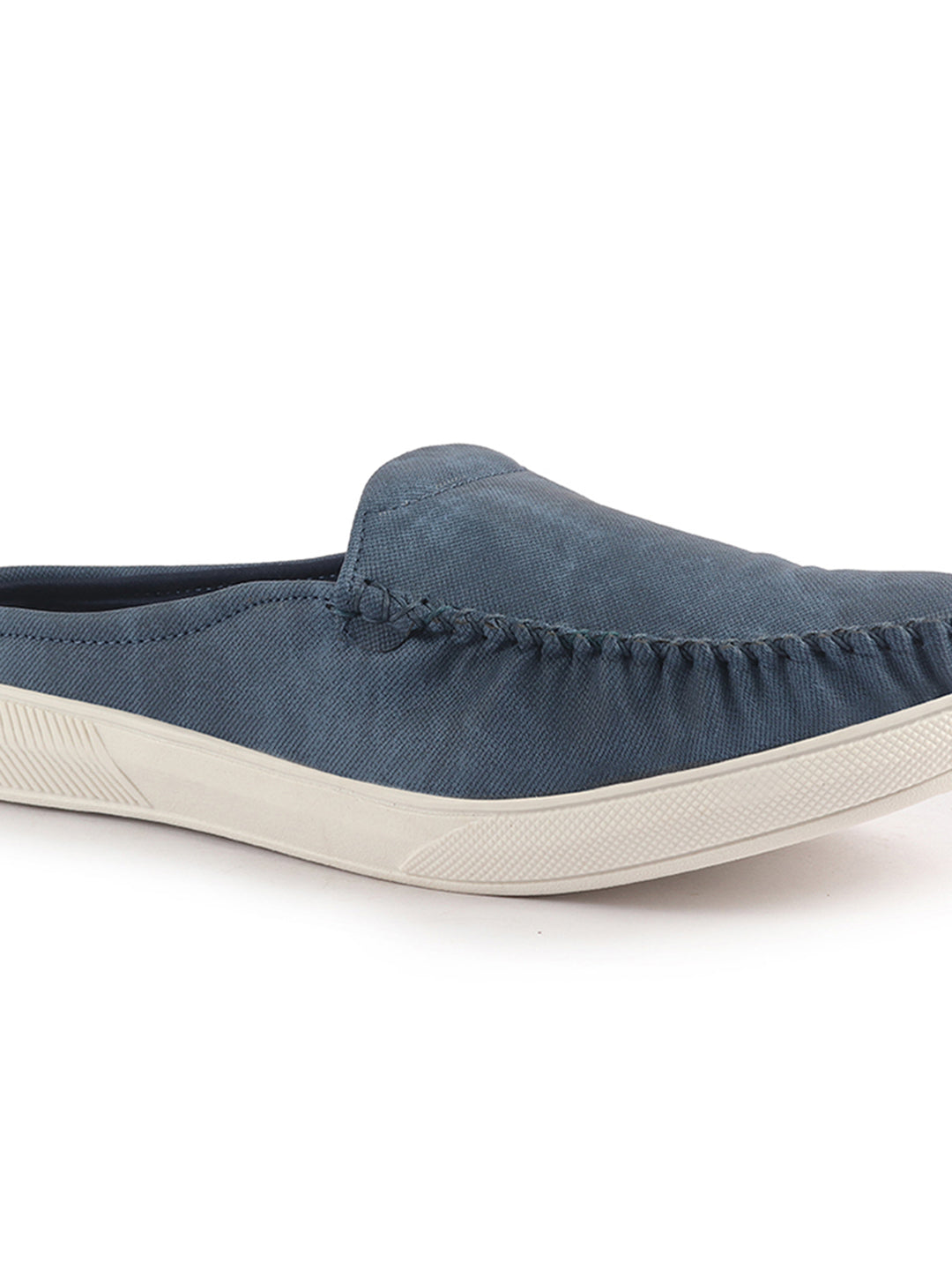 Men Blue Denim Stitched Back Open Casual Loafers | Mocassin Slip On Shoes with TPR Sole | Lightweight Pull On Shoe with Comfort