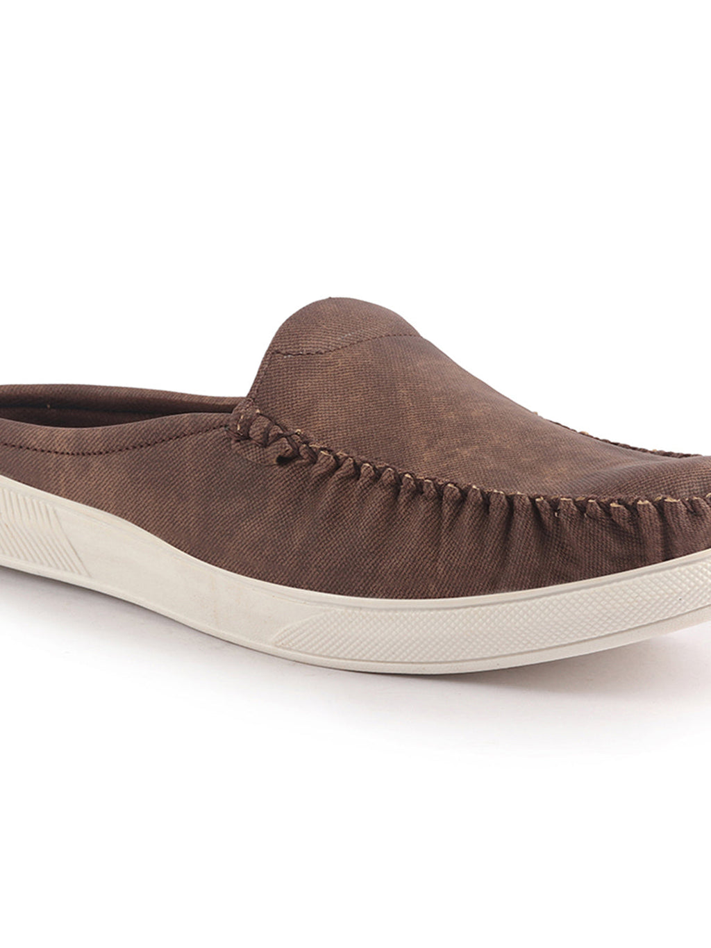 Men Brown Denim Stitched Back Open Casual Loafers | Mocassin Slip On Shoes with TPR Sole | Lightweight Pull On Shoe with Comfort