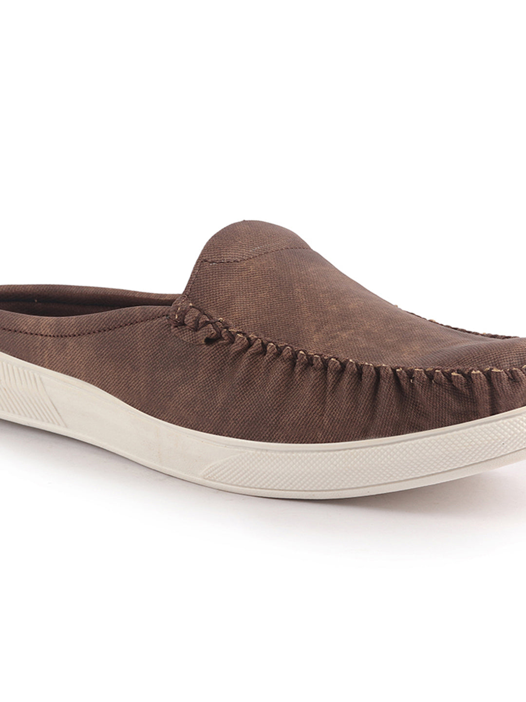 Men Brown Denim Stitched Back Open Casual Loafers | Mocassin Slip On Shoes with TPR Sole | Lightweight Pull On Shoe with Comfort