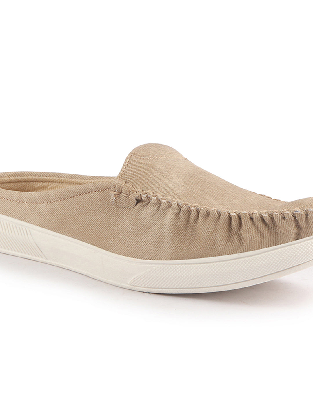 Men Cream Denim Stitched Back Open Casual Loafers | Mocassin Slip On Shoes with TPR Sole | Lightweight Pull On Shoe with Comfort