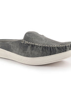Men Grey Denim Stitched Back Open Casual Loafers | Mocassin Slip On Shoes with TPR Sole | Lightweight Pull On Shoe with Comfort