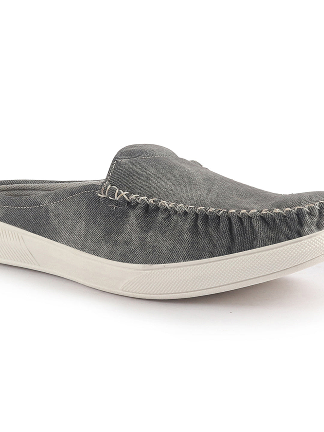 Men Grey Denim Stitched Back Open Casual Loafers | Mocassin Slip On Shoes with TPR Sole | Lightweight Pull On Shoe with Comfort