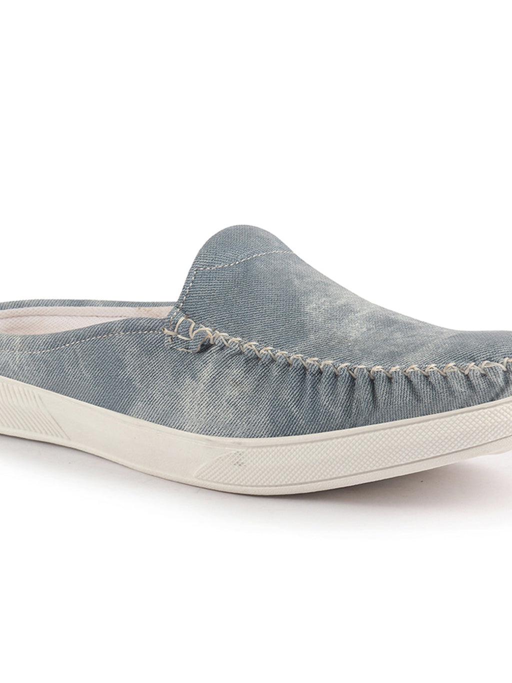 Men Sky Blue Denim Stitched Back Open Casual Loafers | Mocassin Slip On Shoes with TPR Sole | Lightweight Pull On Shoe with Comfort