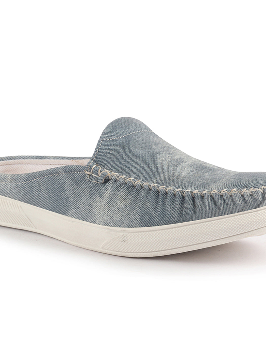 Men Sky Blue Denim Stitched Back Open Casual Loafers | Mocassin Slip On Shoes with TPR Sole | Lightweight Pull On Shoe with Comfort