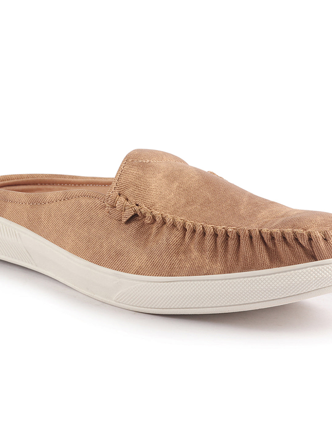 Men Tan Denim Stitched Back Open Casual Loafers | Mocassin Slip On Shoes with TPR Sole | Lightweight Pull On Shoe with Comfort