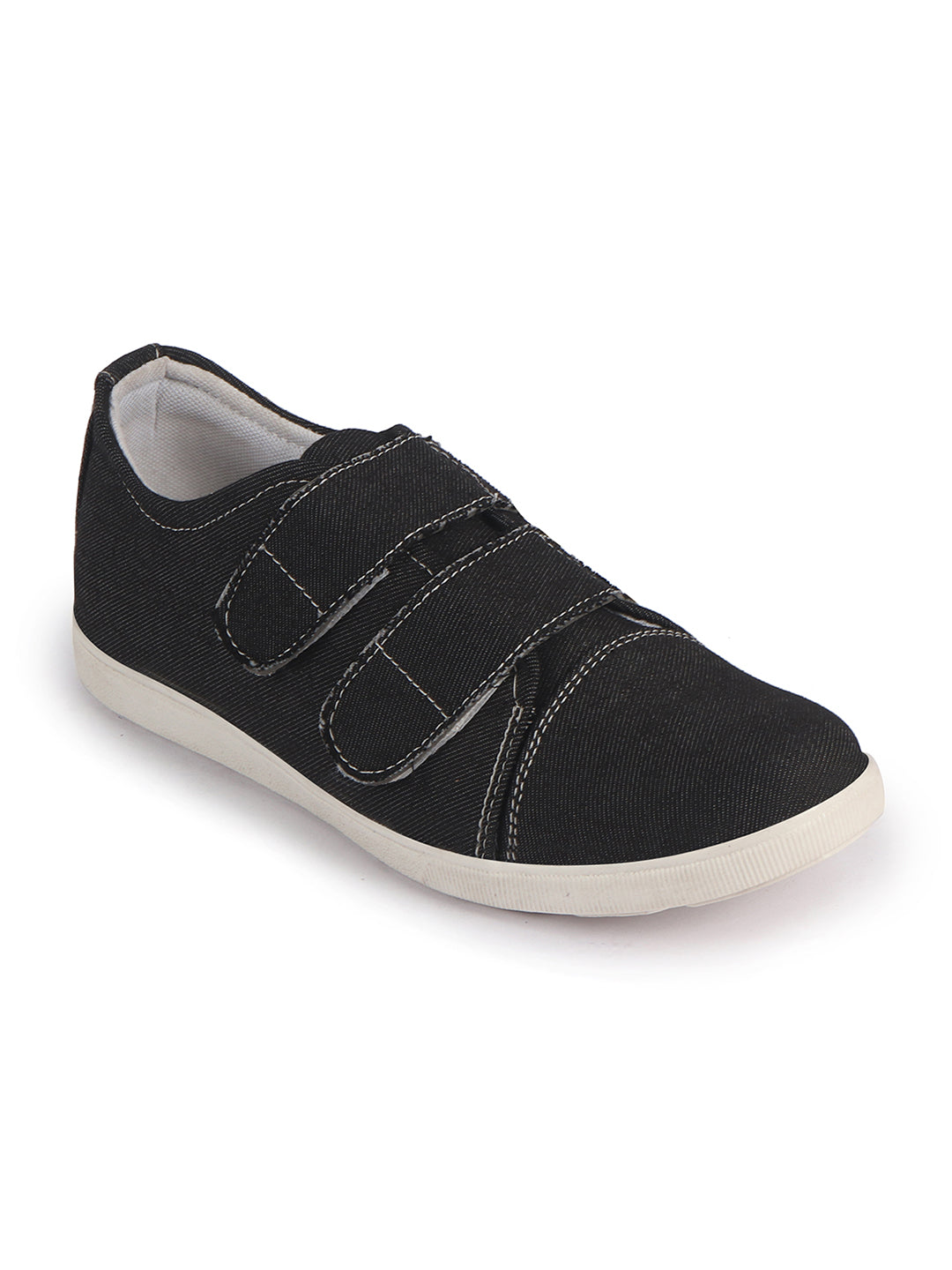 Men Black Casual Canvas/Fabric Slip On Shoes with Dual Strap Closure | Lightweight Comfort Insole Loafers | Anti Skid TPR Sole