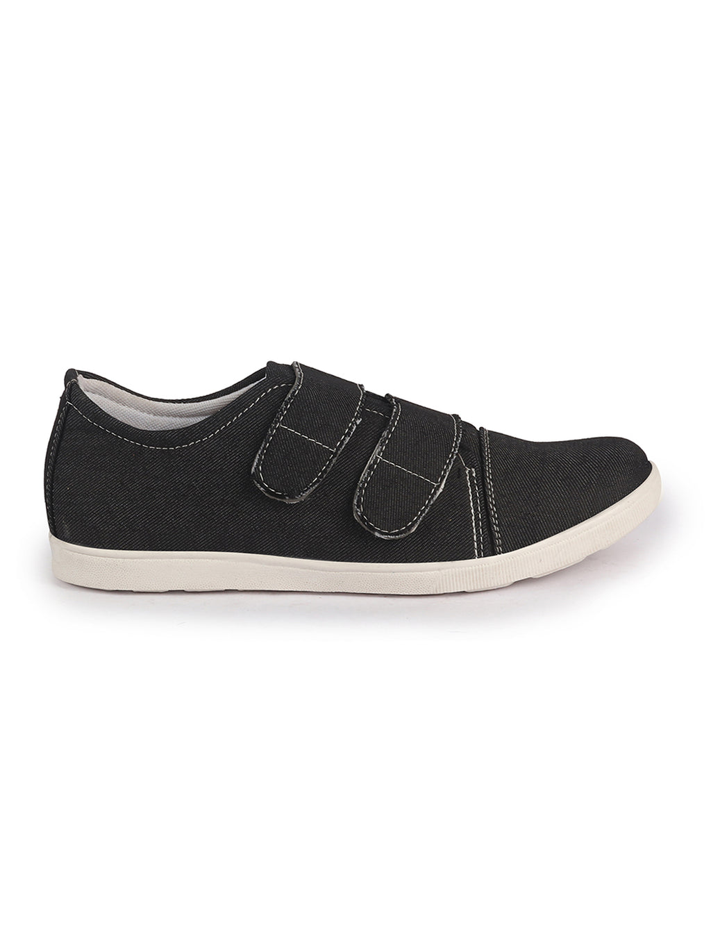 Men Black Casual Canvas/Fabric Slip On Shoes with Dual Strap Closure | Lightweight Comfort Insole Loafers | Anti Skid TPR Sole