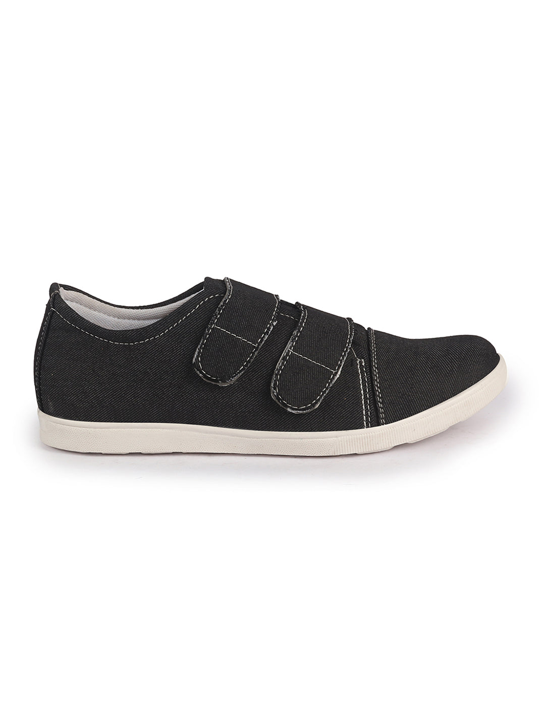 Men Black Casual Canvas/Fabric Slip On Shoes with Dual Strap Closure | Lightweight Comfort Insole Loafers | Anti Skid TPR Sole