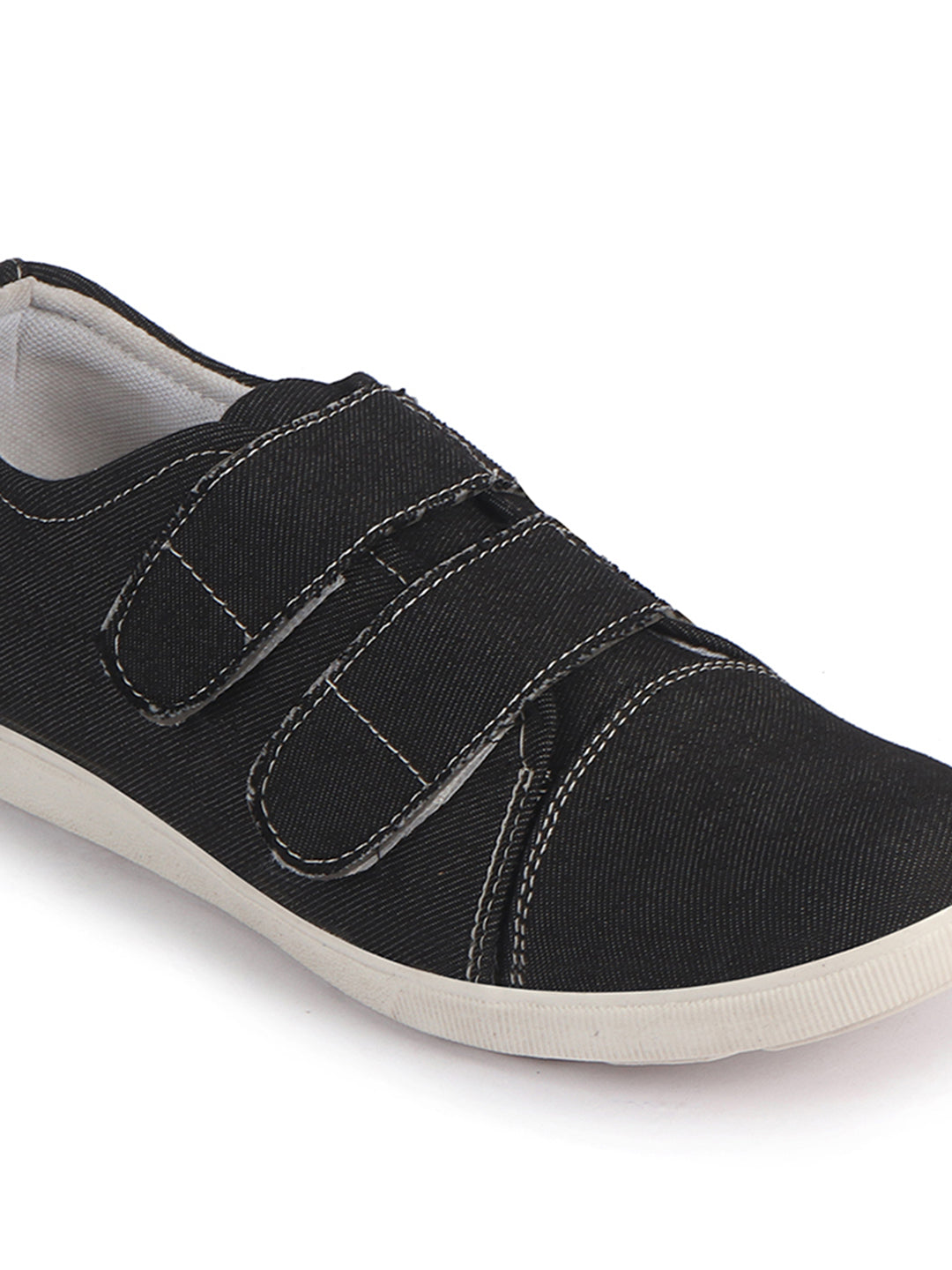 Men Black Casual Canvas/Fabric Slip On Shoes with Dual Strap Closure | Lightweight Comfort Insole Loafers | Anti Skid TPR Sole