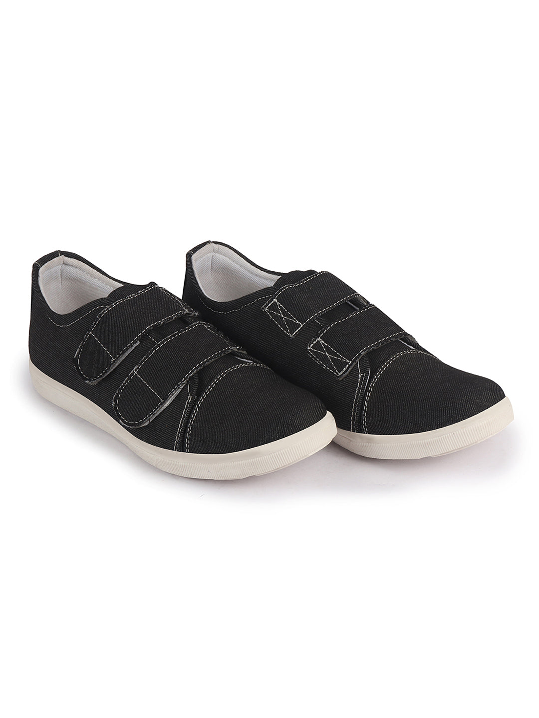 Men Black Casual Canvas/Fabric Slip On Shoes with Dual Strap Closure | Lightweight Comfort Insole Loafers | Anti Skid TPR Sole