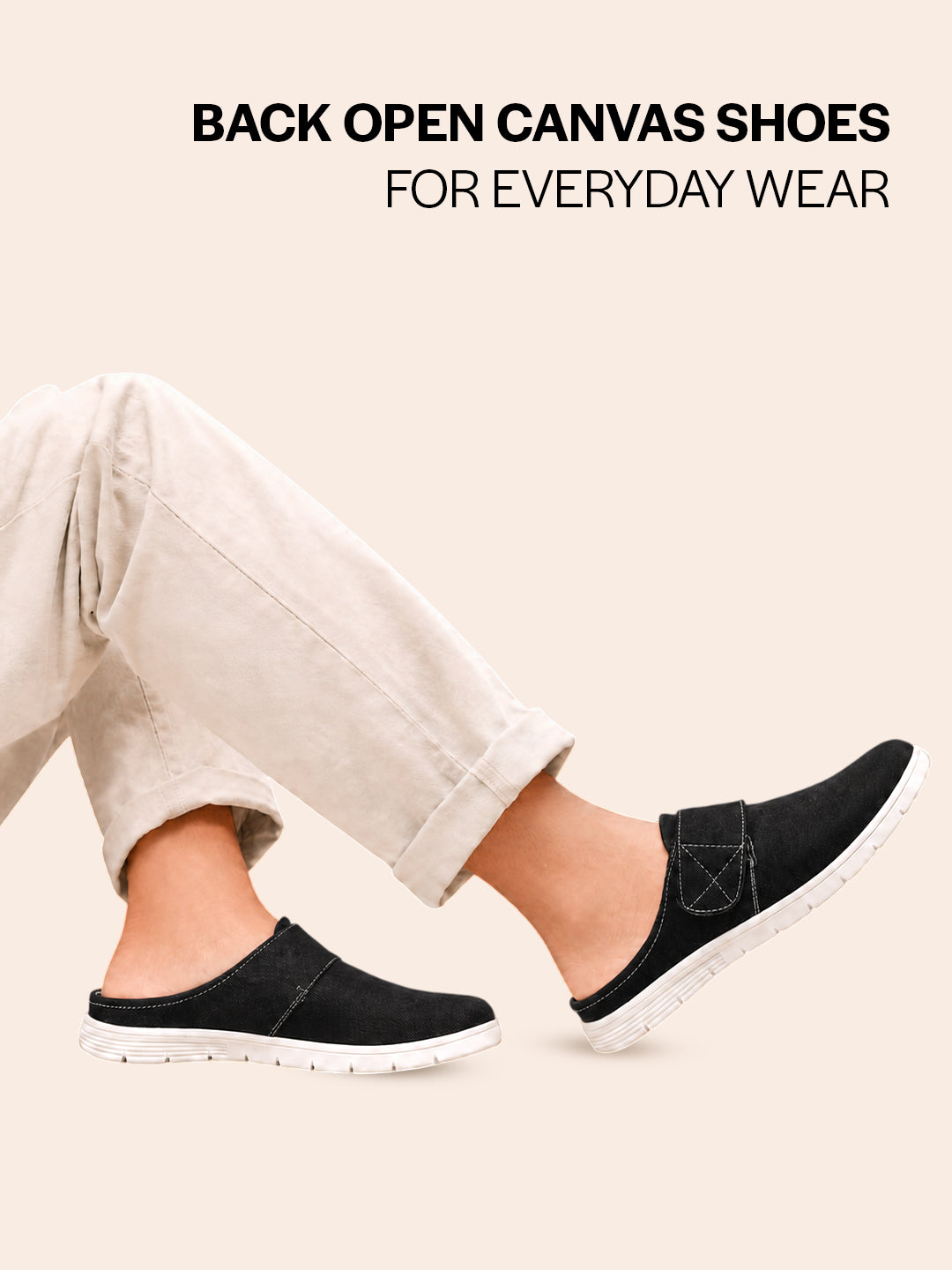 men black casual back open canvas/fabric slip on shoes with single strap closure|lightweight comfort insole loafers|slip resistant tpr sole