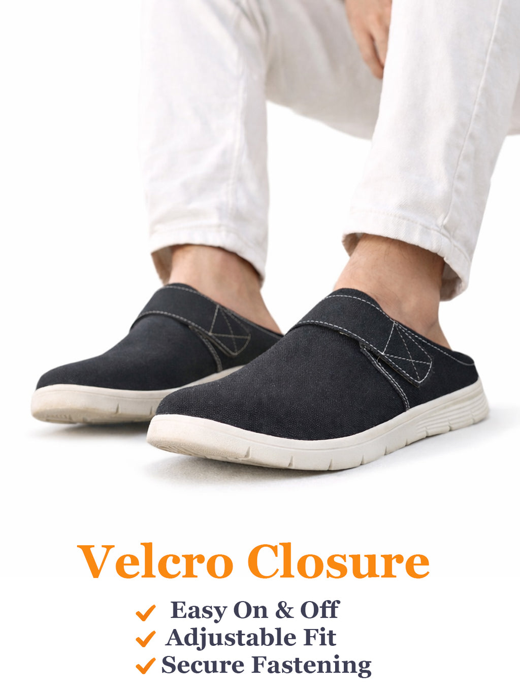 Men Black Casual Back Open Canvas/Fabric Slip On Shoes with Single Strap Closure | Lightweight Comfort Insole Loafers | Slip Resistant TPR Sole
