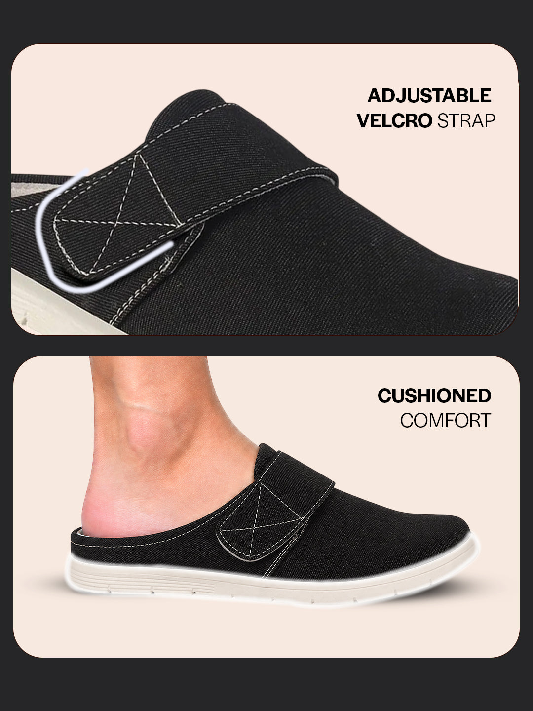 men black casual back open canvas/fabric slip on shoes with single strap closure|lightweight comfort insole loafers|slip resistant tpr sole