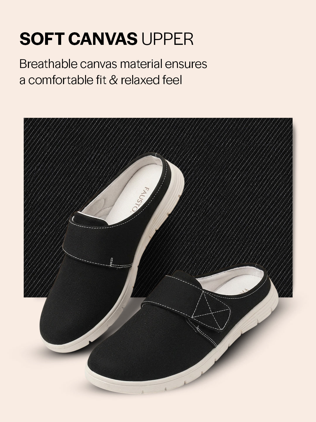 men black casual back open canvas/fabric slip on shoes with single strap closure|lightweight comfort insole loafers|slip resistant tpr sole