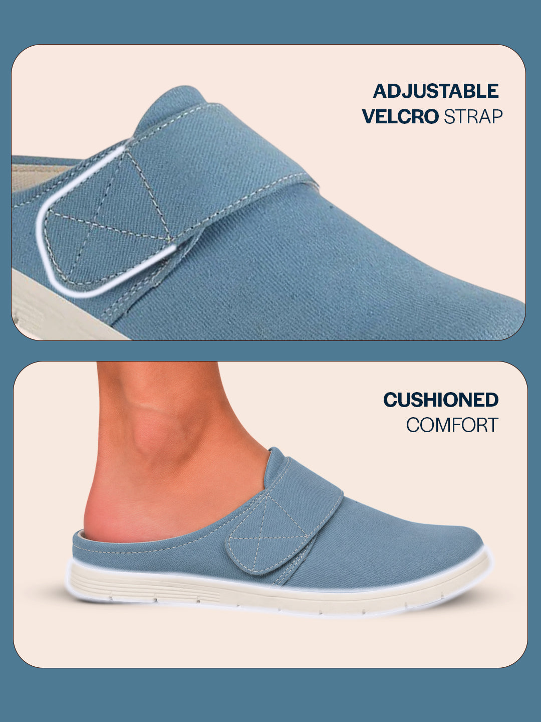 men sky blue casual back open canvas/fabric slip on shoes with single strap closure|lightweight comfort insole loafers|slip resistant tpr sole