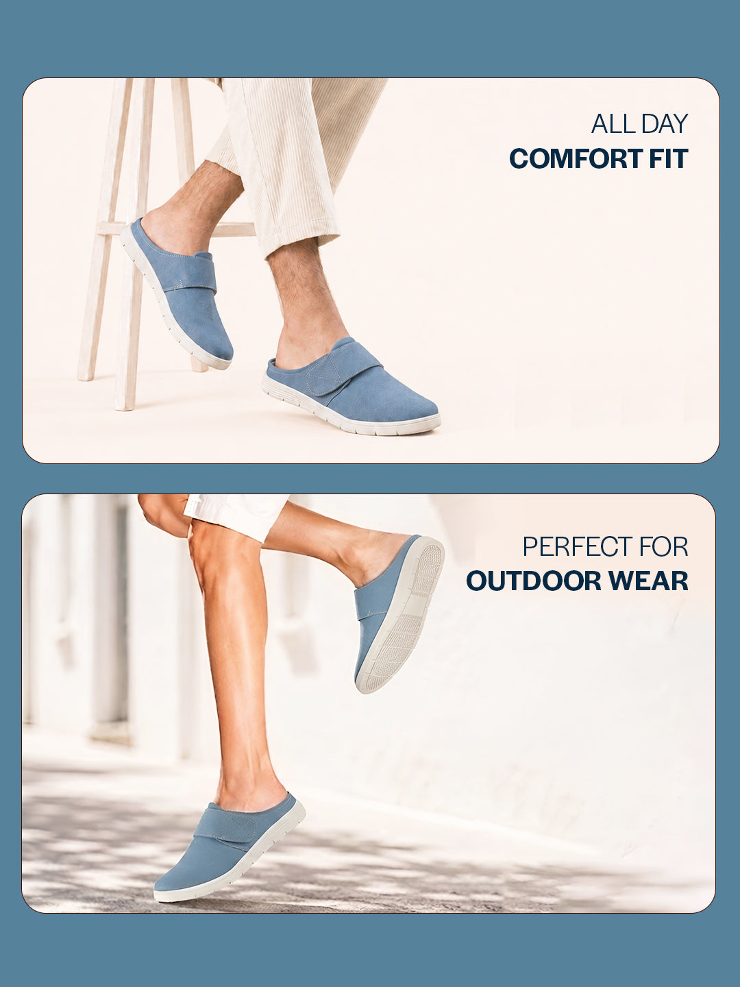 men sky blue casual back open canvas/fabric slip on shoes with single strap closure|lightweight comfort insole loafers|slip resistant tpr sole