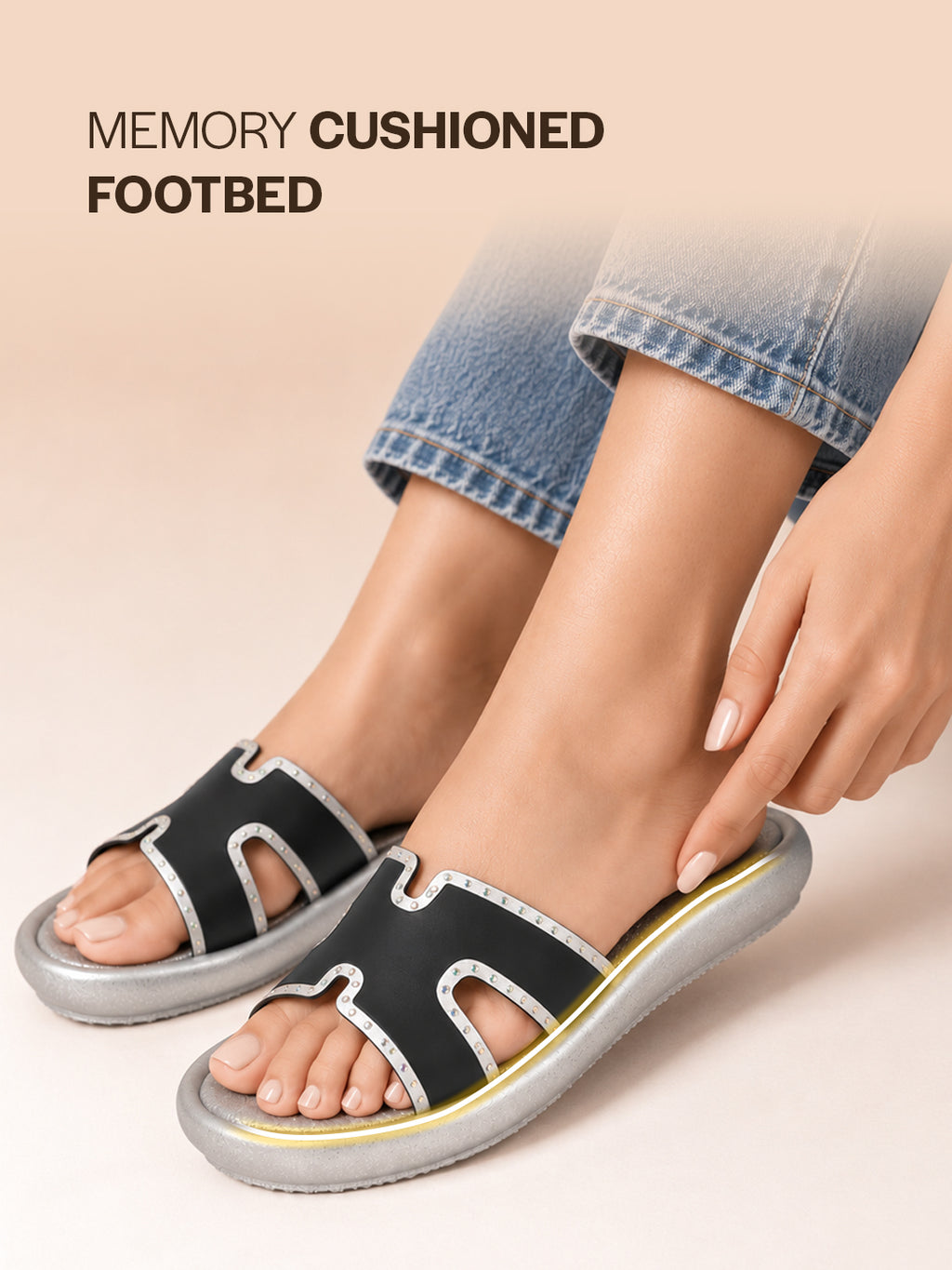 Women Black Open Toe Platform Slider for Travel & Resort Vacationing|Flat Summer Slippers|Poolside Outings Comfort Cushioned Footbed Insole