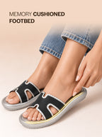 Women Black Open Toe Platform Slider for Travel & Resort Vacationing|Flat Summer Slippers|Poolside Outings Comfort Cushioned Footbed Insole