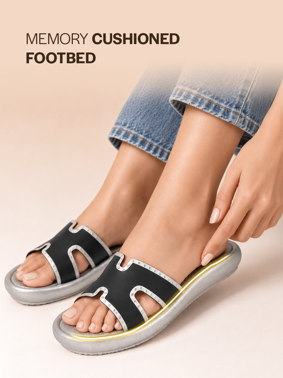 Women Black Open Toe Platform Slider for Travel & Resort Vacationing|Flat Summer Slippers|Poolside Outings Comfort Cushioned Footbed Insole