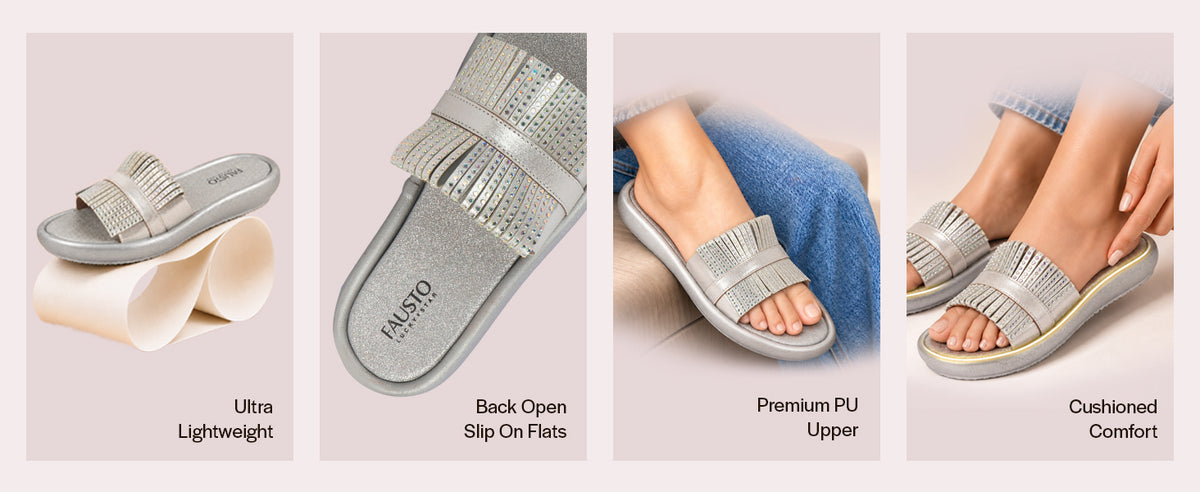 Women Silver Open Toe Rhinestone Fringe Slider for Festive, Party|Flat Summer Slip On Slippers|Lightweight Cushioned Insole Sandals with Anti Skid Sole