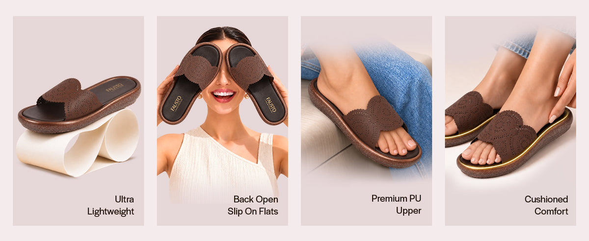 Women Brown Laser Cut Floral Strap Open Toe Sandals|Slip On Sliders with Cushioned Footbed Insole|Lightweight and Comfort for Daily Wear