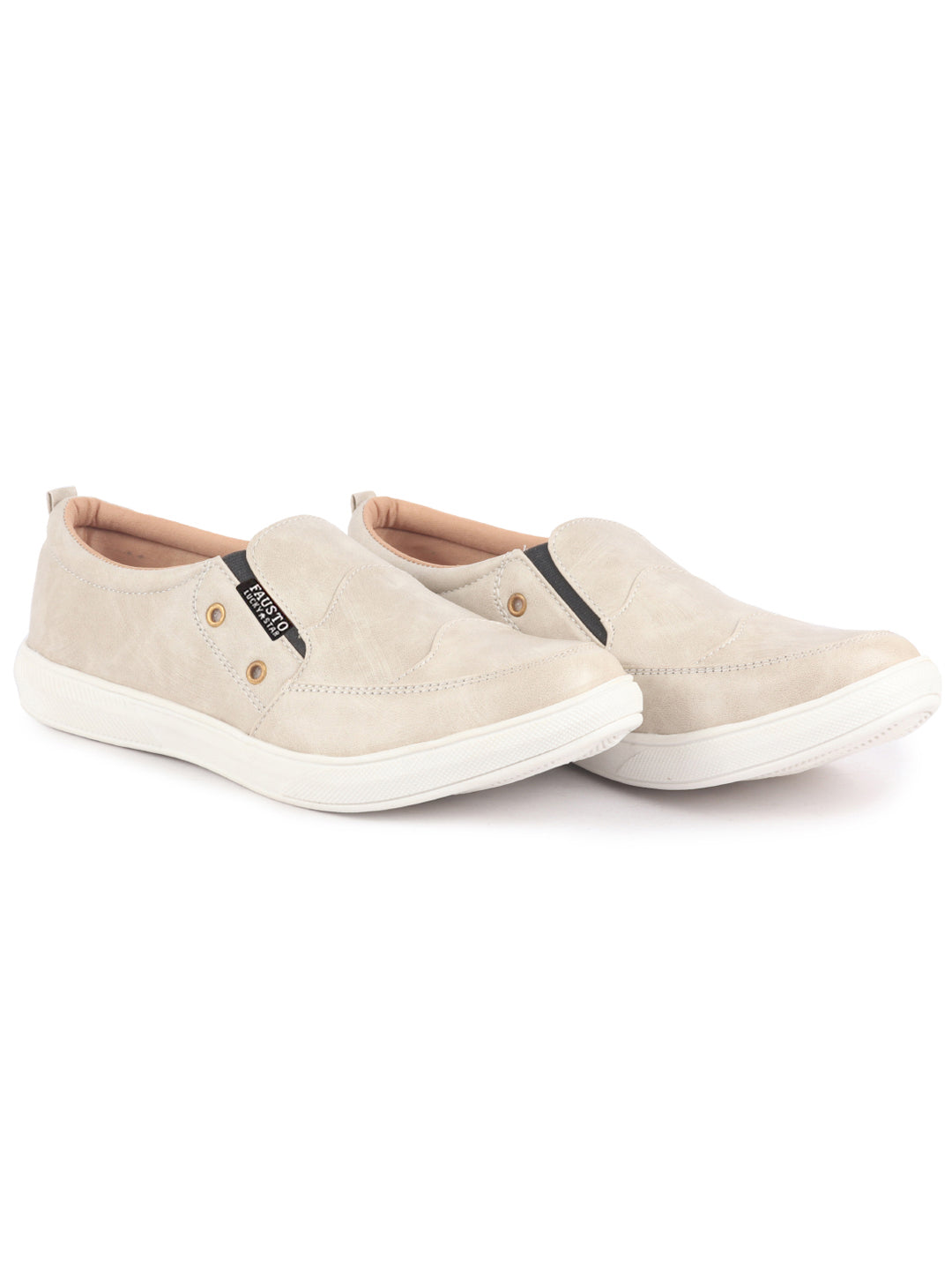 Men Cream Dual Eyelet Detail Slip-On Casual Loafers TPR Sole|Lightweight Walking Shoes