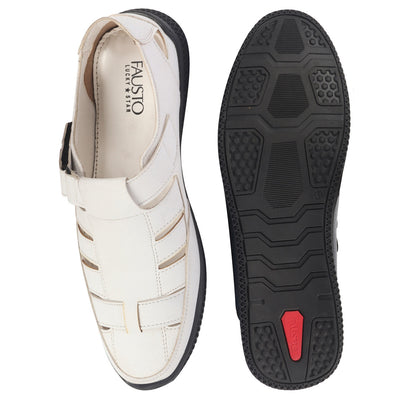 Shop FAUSTO Men White PU Outdoor Hook & Loop Roman Sandals for Day Long Comfort|Outfit|Evening|Casual|Fashion|Trending|Lightweight with TPR Sole(6-13 UK) Online.