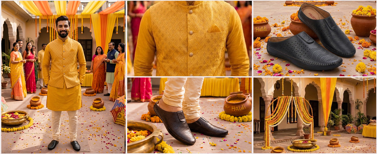 Men Black Ethnic Wedding Party Back Open Laser Cut Design Juttis and Mojaris