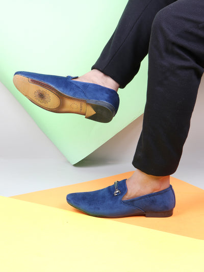 Men Blue Casual Velvet Slip-On Loafers