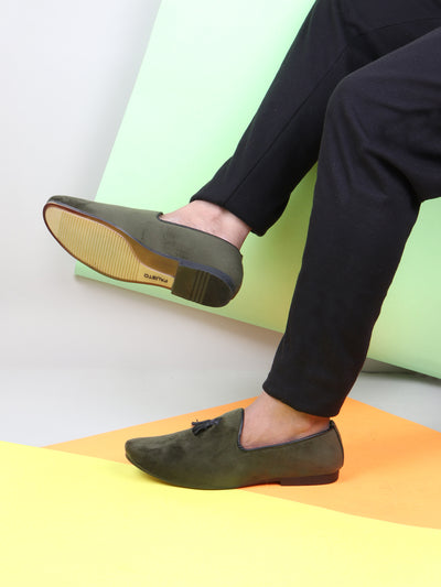 Men Olive Green Velvet Party Loafers Slip On Casual Shoes