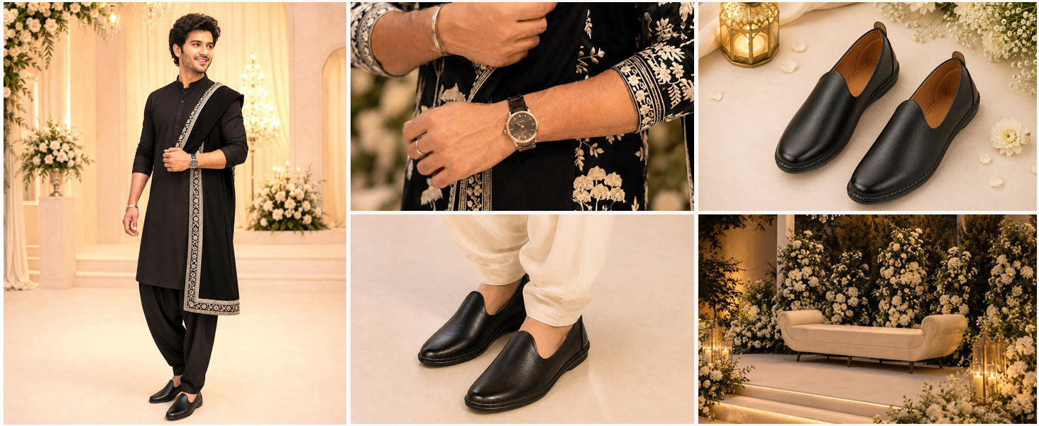 Men Black Ethnic Slip On Stylish Stitched Jutis and Mojaris for Wedding, Festive