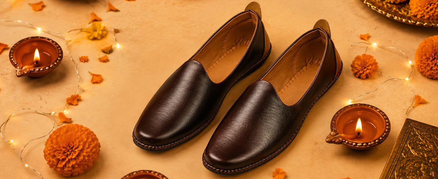 Men Black Ethnic Slip On Stylish Stitched Jutis and Mojaris for Wedding, Festive