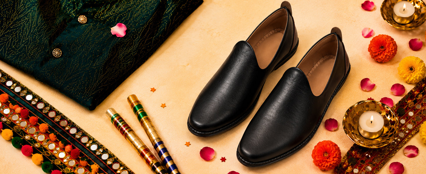Men Black Ethnic Slip On Stylish Stitched Jutis and Mojaris for Wedding, Festive